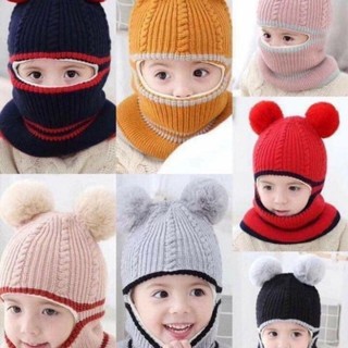 Mũ Len Trùm Mặt Có Lót Nỉ Cho Bé Siêu Ấm🐻FREESHIP🐻Mũ Len 2 Quả Bông Lót Nỉ Mềm Mịn Thời Trang