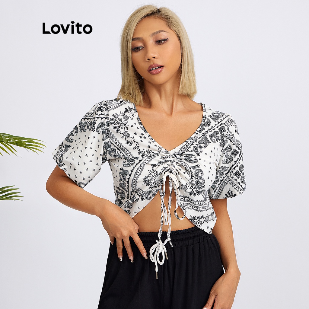 Áo kiểu Lovito họa tiết paisley dây rút thắt dây đơn giản L18X066 (màu trắng)