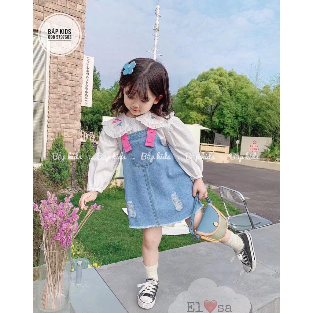 Váy bé gái - Sét áo sơ mi bánh bèo dài tay kèm yếm bò siêu xinh cho bé gái