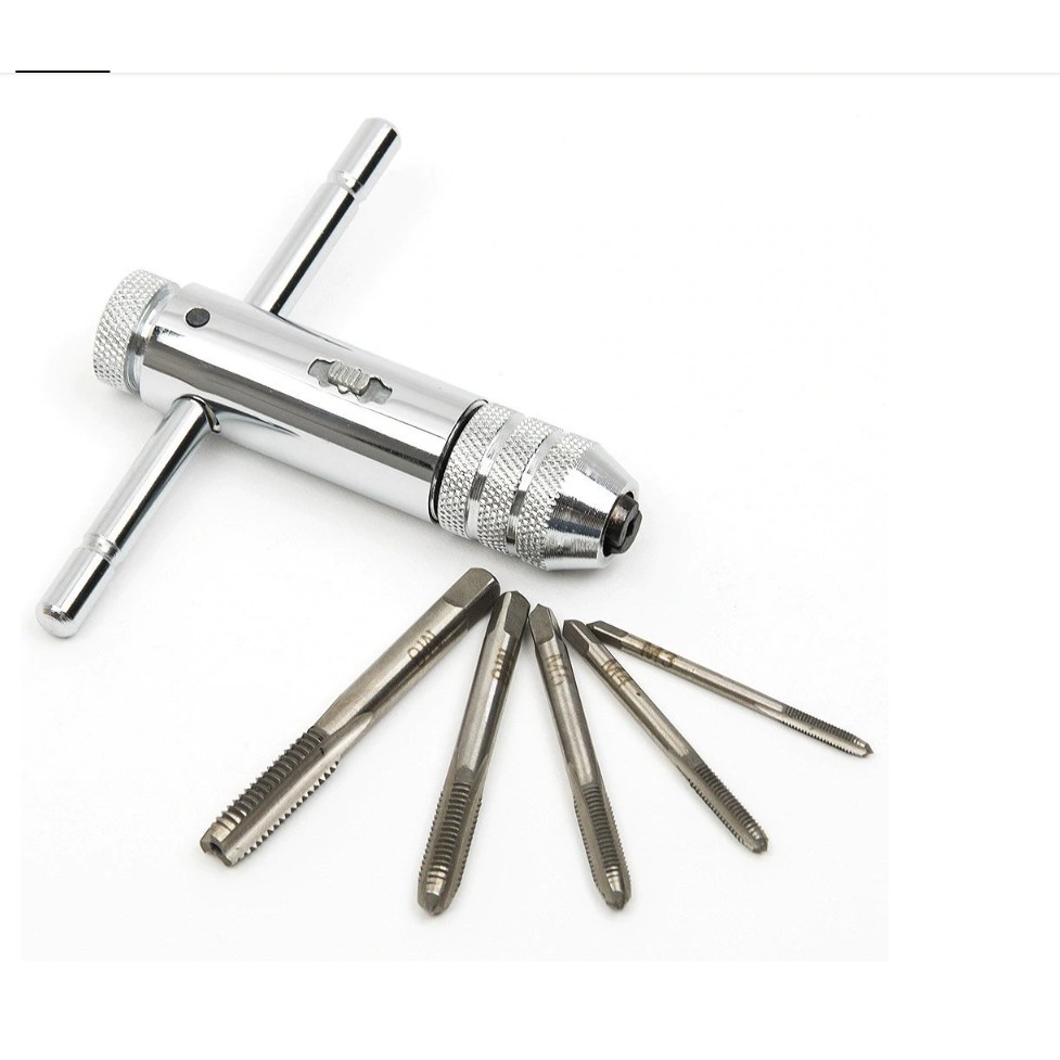 Tay quay taro tự động M3-M8 - Bộ taro tạo ren - tay quay mũi taro ren kèm 5 mũi ta rô