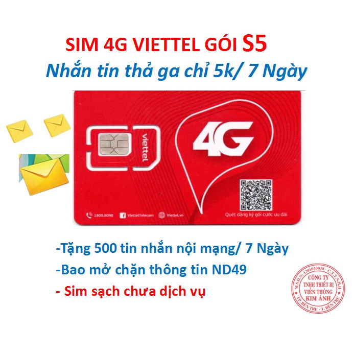 Sim Sạch Viettel Telesale Loại Chưa Dịch Vụ Gói S5 Ưu Đãi 500 Sms Miễn Phí Chỉ 5K/7 Ngày, Miễn Phí Tin Nhắn