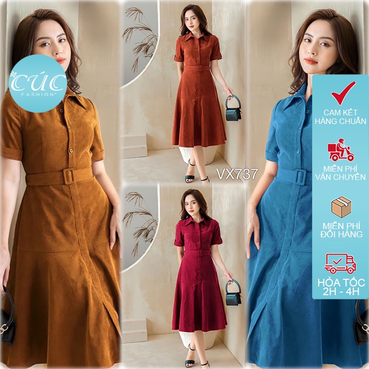 Đầm nhung nữ Cúc Fashion dáng xòe babydoll đẹp vải cao cấp nhiều màu đi dự tiệc váy liền thân đai gân VX737