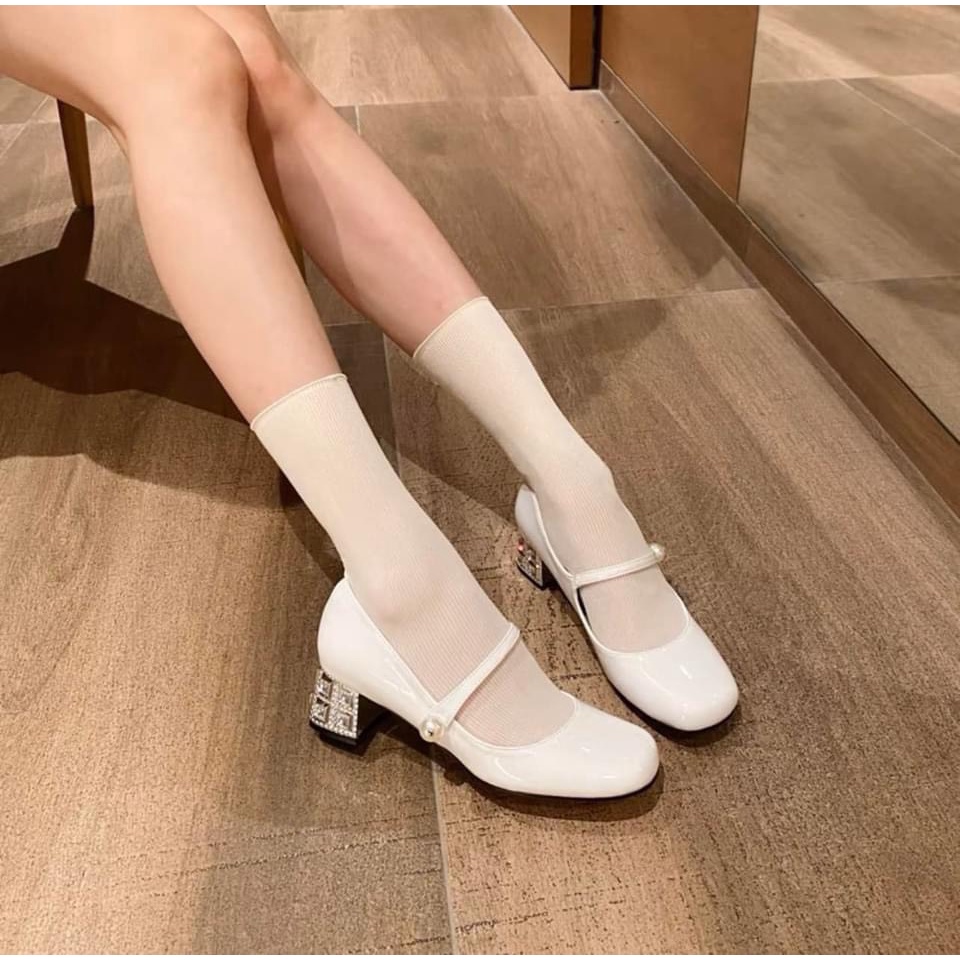 Giày nữ, giày búp bê quai ngọc Miumiu gót vuông 3 cm, đát đá xinh về 3 màu đen, trắng, kem, full box, bill, túi giấy.