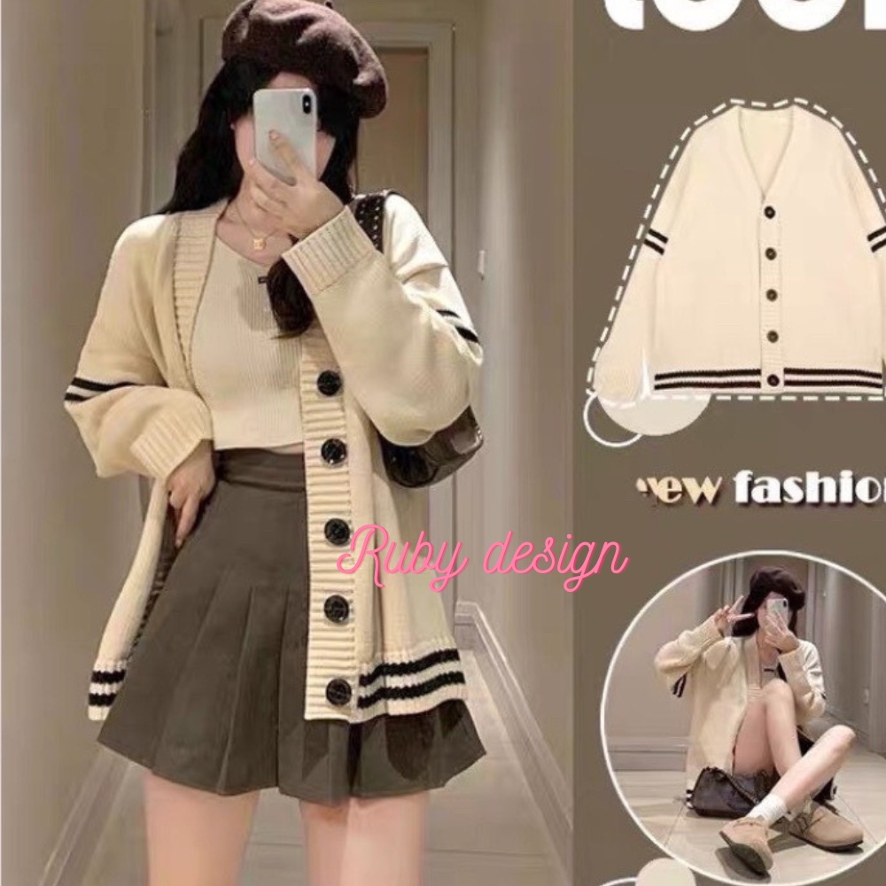 Áo khoác len nữ áo khoác cardigan nữ TỔNG HỢP cổ tim V dáng rộng màu kem Ulzzang hàng QC - Ruby Design