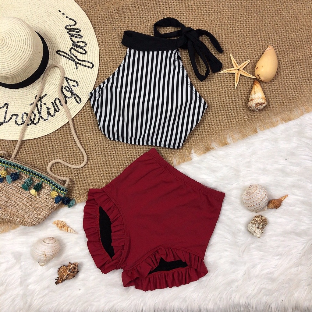 Bikini đi biển đồ bơi nữ 2 mảnh áo sọc trắng đen cột dây cổ mix quần lưng cao viền bèo đỏ đô sang chảnh