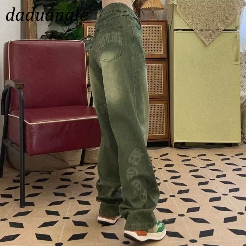 Quần jean Daduhey ống rộng lưng cao họa tiết chữ phong cách retro thời trang Mỹ