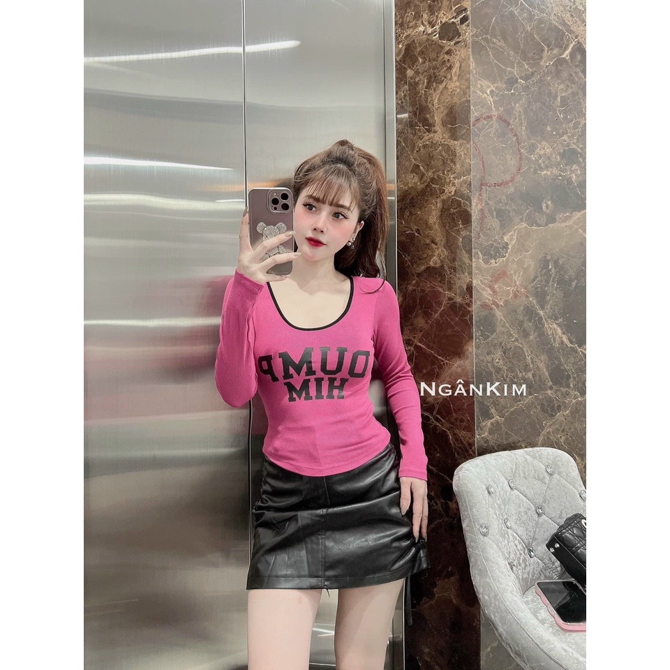 áo croptop tay dài in chữ him viền màu cổ hot