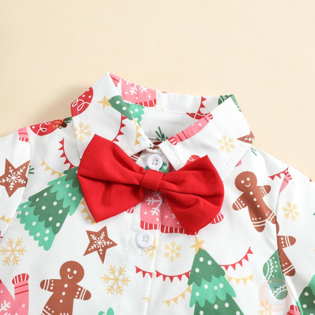 Laa6-boys Set Áo Thun Ngắn Tay In Hình Cây Thông Giáng Sinh Phối Nơ + Quần Short Giản Dị