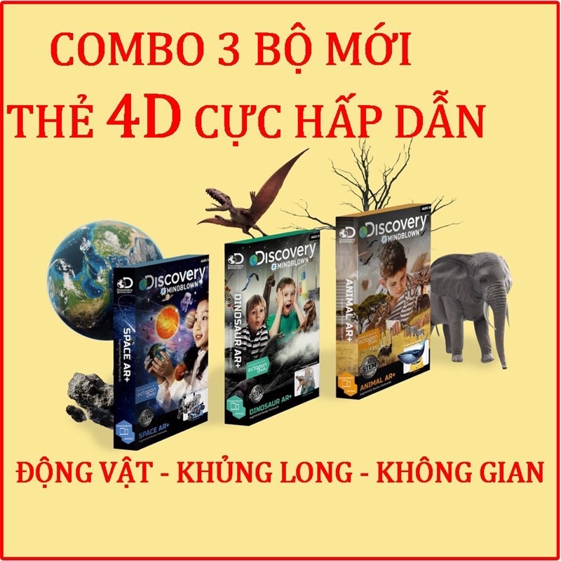 COMBO 3 BỘ THẺ ĐỘNG VẬT ANIMAL 4D, KHÔNG GIAN SPACE 4D, KHỦNG LONG 4D SIÊU HẤP DẪN