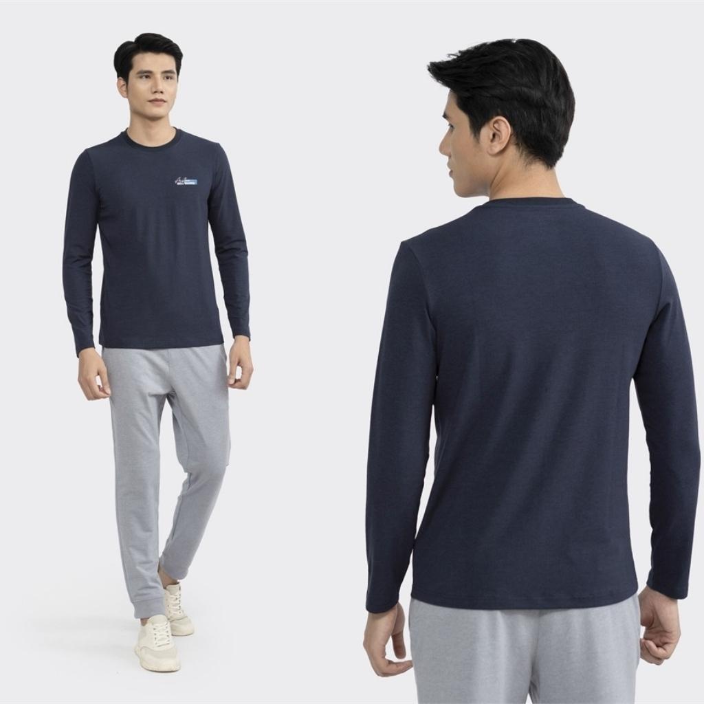 Áo thun nam dài tay Aristino ALT002W2 T-shirt Thu Đông Trơn Màu Vải Cotton cao cấp dáng Regular Fit Suông Vừa Cổ Tròn