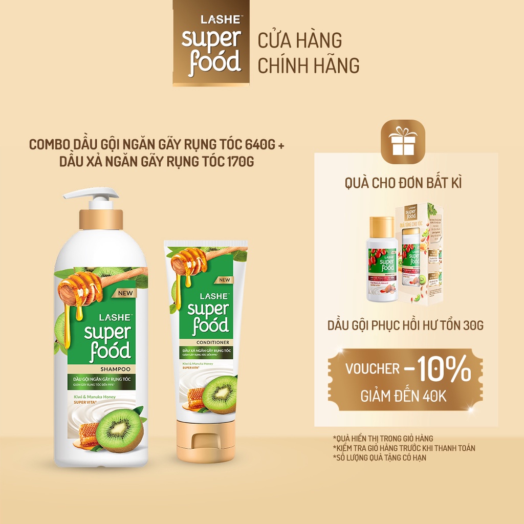 Combo Dầu gội LASHE SUPERFOOD ngăn gãy rụng tóc 640G + Dầu xả ngăn gãy rụng tóc 170G