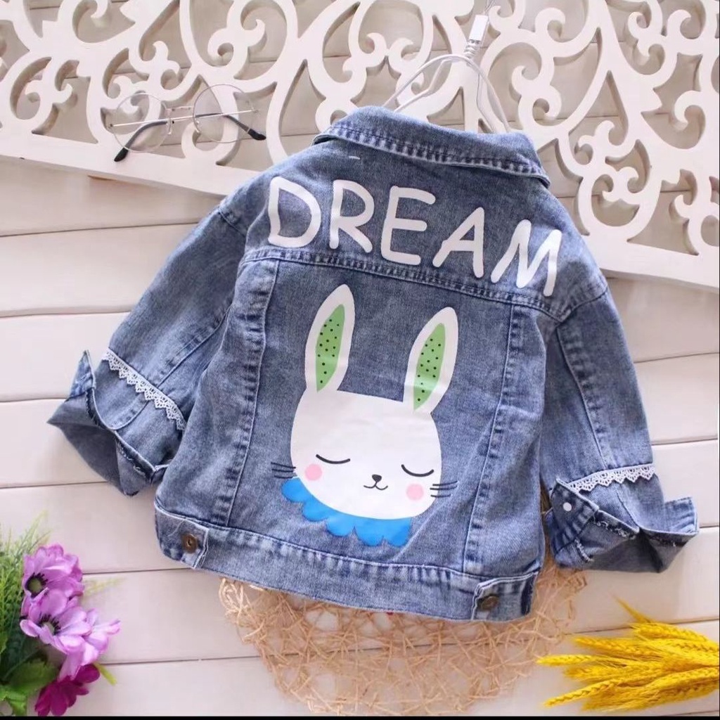 Áo Khoác Denim Cổ Vuông In Chữ Hoạt Hình Thời Trang Mùa Thu Cho Bé Gái