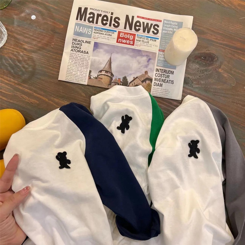 Áo Thun Tay Dài Dáng Rộng In Hình Gấu Màu Sắc Tương Phản Thời Trang Xinh Xắn Cho Bé