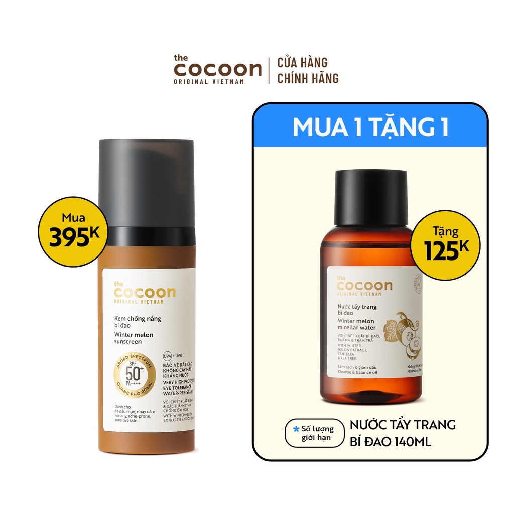 Kem chống nắng bí đao quang phổ rộng, bảo vệ rất cao SPF 50 +, PA ++++ Cocoon 50ml