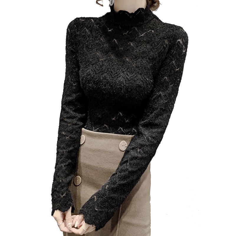 Áo Ren Cổ Lọ Tay Dài Vải Nhung Plus Phong Cách Phương Tây