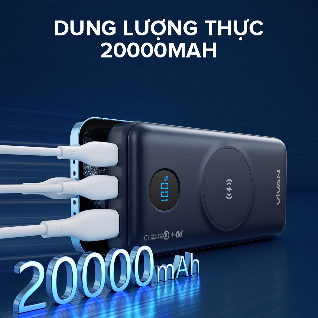 Pin dự phòng VIVAN VPB-W20/ VPB-D20 20000mAh Hiển thị đèn thông minh không dây 3 cổng  sạc nhanh 15W/ 22.5WQC3.0 PD