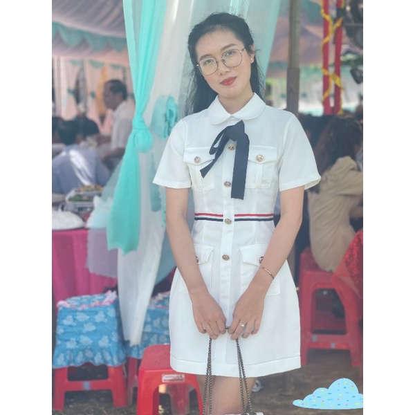 Váy trắng nơ cổ, váy đi tiệc, váy phối tui