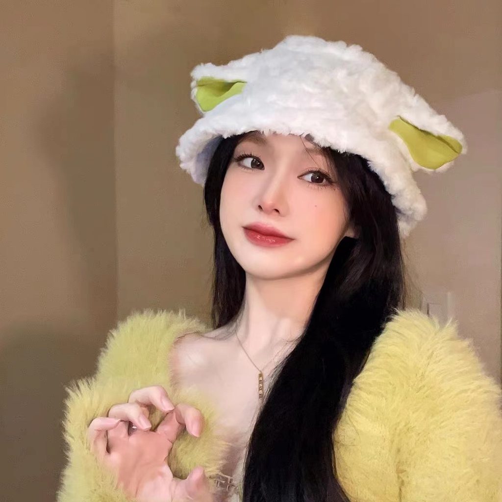 Mũ Bucket Tai Cừu Hoạt Hình Giữ Ấm Mùa Thu Đông Có Thể Điều Chỉnh Cho Nữ