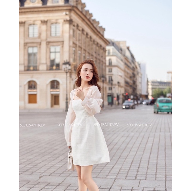 Váy Đầm Dạ Trắng Phối Tay Tơ Dáng Ngắn Siêu Xinh