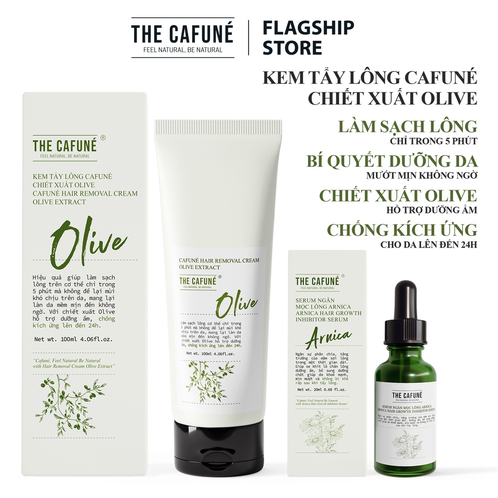 Combo Kem Tẩy Lông Olive và Serum Ức Chế Mọc Lông Arnica Cafuné triệt lông cho vùng kín, bikini, chân, tay, nách 100ml