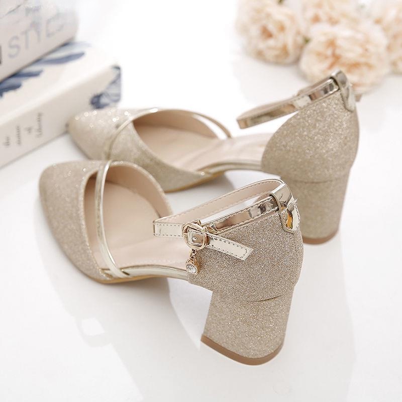 Giày cao gót nữ đẹp đế vuông 5 phân hàng hiệu JH hai màu trắng vàng da mềm