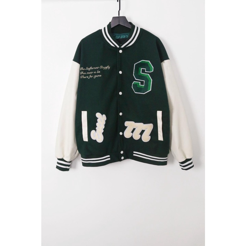 Áo khoác bomber varsity màu xanh lá thêu chữ s phối tay da Chất dạ 2 lớp dày- áo khoác bóng chày thể thao nam nữ UNISEX