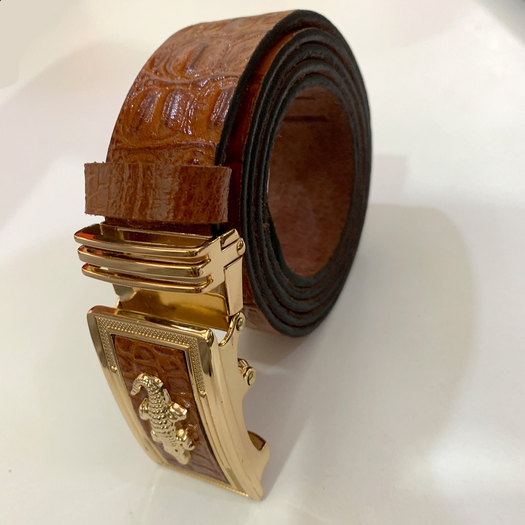 Thắt Lưng Nam Da Bò Nguyên Miếng 1 Lớp Màu Nâu Nhạt Dập Vân Cá Sấu Mặt Khóa Tự Động Gold