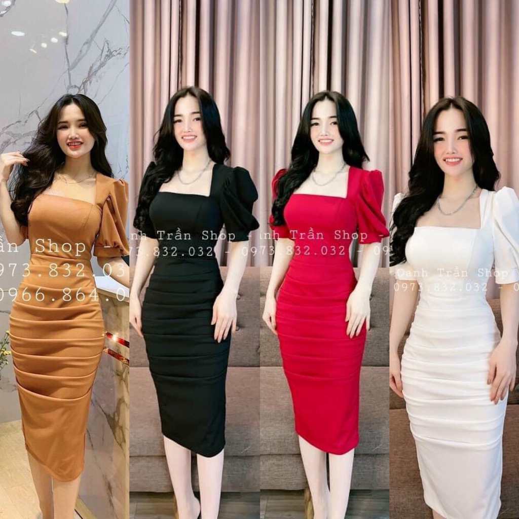 Đầm Váy Nữ Ôm Body Cổ Vuông Tay Phồng Nhún Gợn Sóng ( Có Mút Ngực ) Thời Trang Kiểu Cách Đi Chơi,Đi Dự Tiệc Hoặc Công Sở