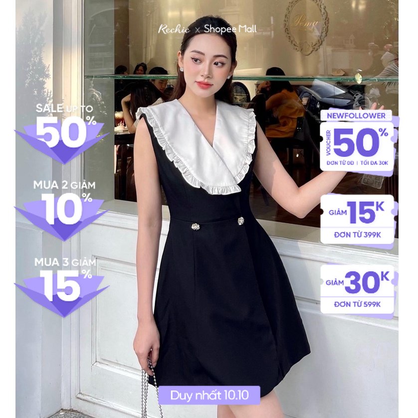 RECHIC Đầm Ngắn Yena kiểu cổ vest vạt to dáng chiết eo thanh lịch trẻ trung phù hợp đi làm