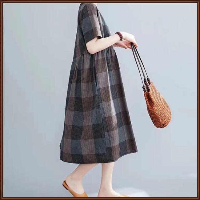 Đầm Tay Ngắn Dáng Chữ A Họa Tiết Sọc Caro Phong Cách Cổ Điển Thời Trang Mùa Hè Cho Nữ