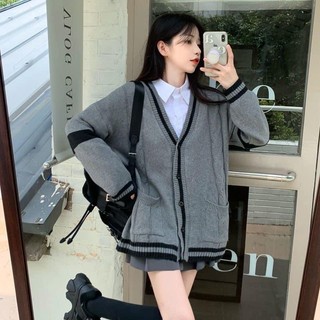 ÁO KHOÁC CARDIGAN MÀU GHI PHỐI VIỀN ĐEN BASIC