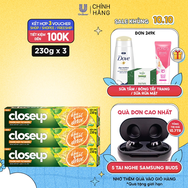 Combo 3 Kem đánh răng dạng gel sạch khuẩn Closeup Thơm Mát Tự Nhiên Dầu Quất, Thảo Dược 230g