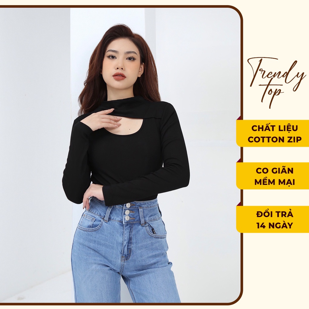 Áo croptop tay dài - Áo thun tay dài dáng ôm chất cotton zip cao cấp co giãn 4 chiều, TRENDY TOP