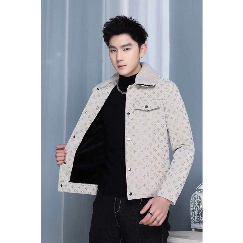 Áo khoác da nhung lót lông Nam in chữ  hàng QCL1