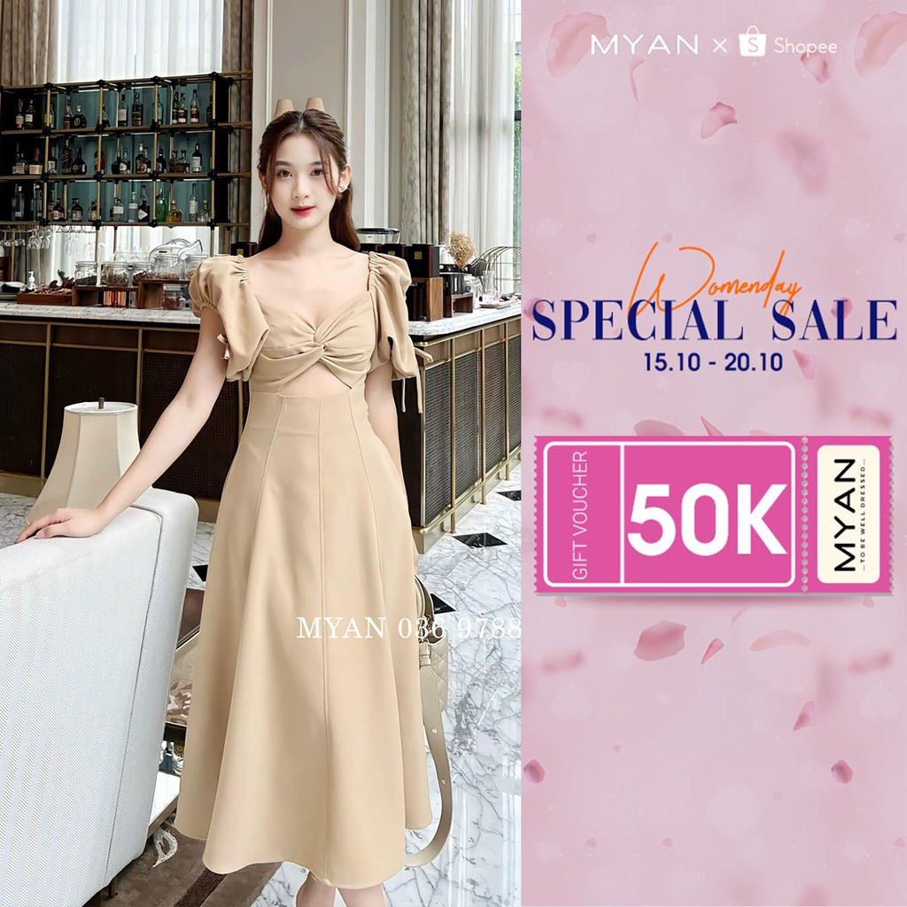 Váy Dạ Tiệc Dáng Dài - Đầm Thiết Kế Xoắn Ngực Cut-Out Eo Thân, Tay Bồng MYAN Màu Trơn (Đen, Trắng, Nâu) - VVN092201