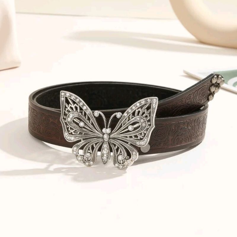 Thắt lưng hồng đính đá rhinestone bling bling khoá bướm phong cách y2k, Punk thời trang Unisex