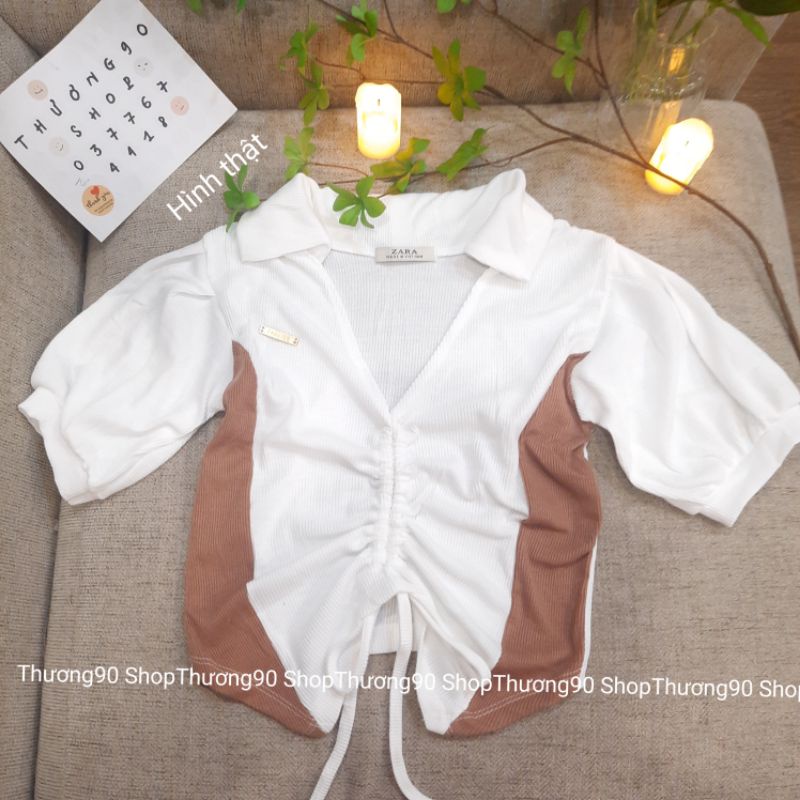 Áo Croptop cổ chữ V sơ mi tay ngắn RÚT DÂY PHỐI MÀU 2 BÊN chất thun gân mềm mại //Thương 90 Shop