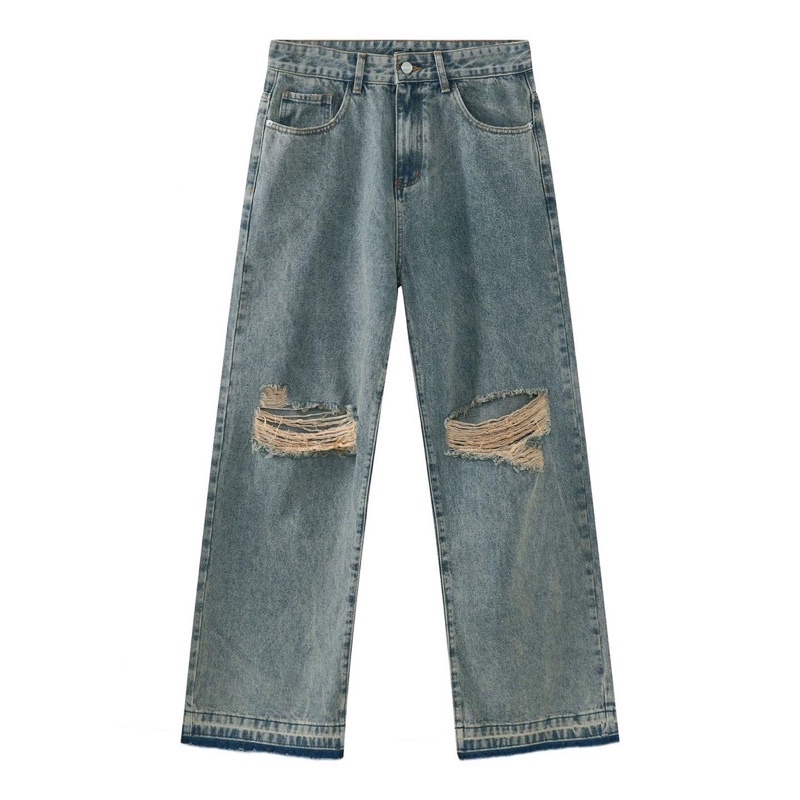 Quần jeans dáng baggy rách gối chi tiết xả lai Sand Wash Riped Denim
