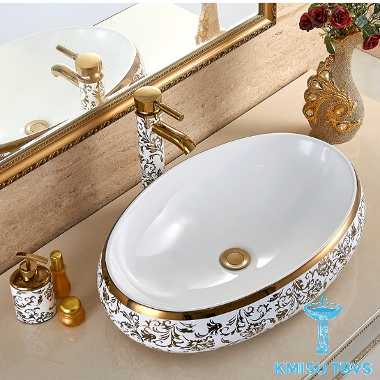 Chậu Lavabo, chậu rửa mặt đặt bàn đá, chậu labo treo tường bầu dục hoa văn vàng - KMISU thiết bị vệ sinh