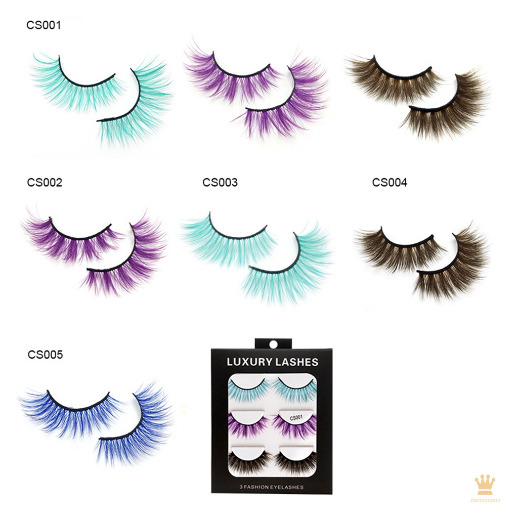 Set 3 Cặp Lông Mi Giả 3D Nhiều Màu Sắc Dày Và Cong Tông Tím Xám Xanh Dương