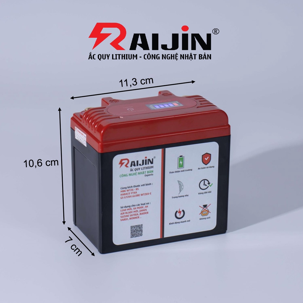 Bình ắc quy xe máy lithium RAIJIN Experts M công nghệ Nhật Bản điện áp 12v-6ah, chuyên dùng cho xe độ đèn dưới 150 Watt