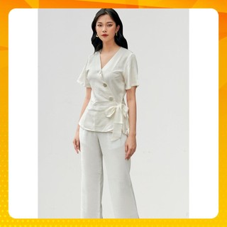 Áo thắt dây nữ YV LE & CO vải Linen màu trắng thanh lịch