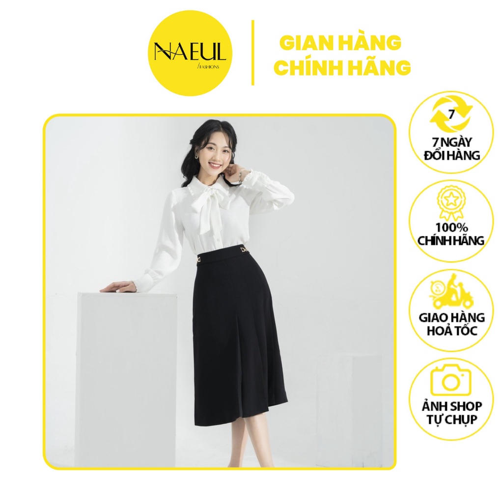 Áo Sơ Mi Lụa Ganh Kẻ Caro Trắng Cổ Nơ Mix Chân Váy Xếp Ly Xòe Tuyết Mưa Đen