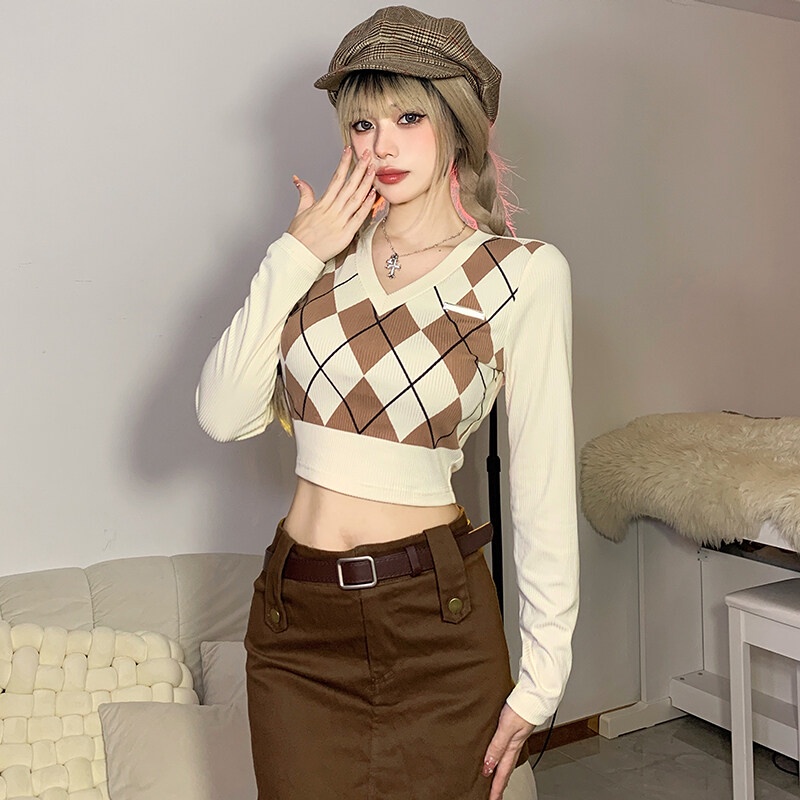 Kliou 2023 Mới Áo thun crop top Kliou tay dài cổ chữ V in họa tiết caro phong cách Hàn Quốc ngọt ngào thời trang 2022 mới cho nữ