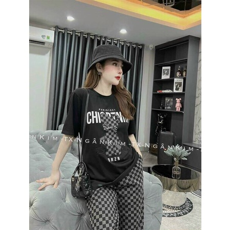 [11.11 Sale Freeship] Set bộ thun nữ,set bộ áo cổ tròn tay  in hình gấu chữ mix quần kẻ caro có túi ống túm xinh xắn mtb