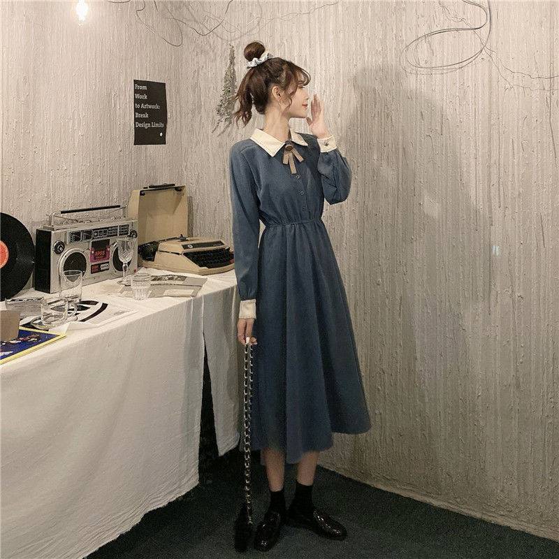 Váy babydoll Đầm Chữ A Tay Dài Ôm Eo Màu Sắc Tương Phản Phong Cách Pháp Cổ Điển Thời Trang Mùa Đông 2020 Cho Nữ