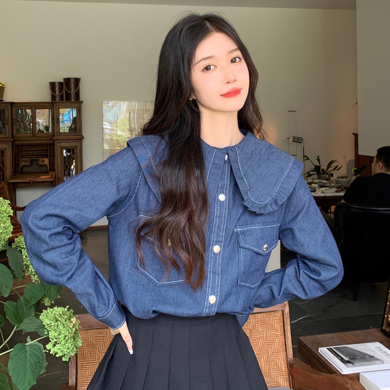 Áo sơ mi SUXI vải denim dài tay dáng rộng cổ búp bê phong cách Hàn Quốc vintage dễ phối đồ cho nữ