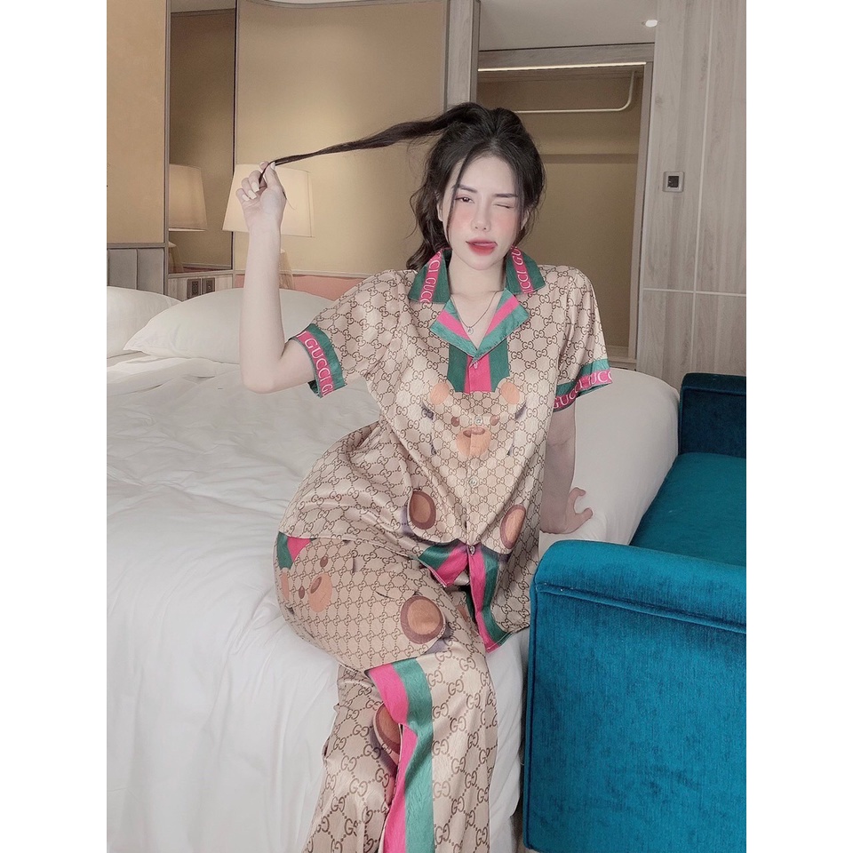 Bộ đồ ngủ họa tiết Gucci màu nâu Oishii chất liệu lụa cao cấp thời trang thanh lịch