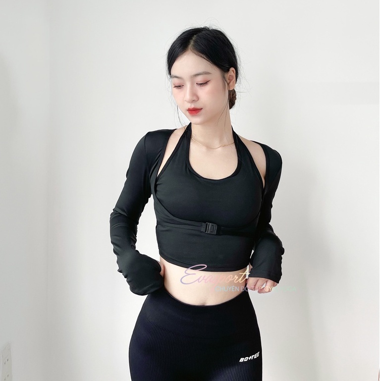 Áo Tập Gym, Yoga, Aerobic Nữ Tay Dài Trước Ngực Kèm Bra, Áo Mùa Lạnh 2 Lớp, Thể Thao, Ôm Body Co giản Evasport