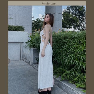 Váy maxi trắng hở lưng đan dây khoét eo dáng dài sexy kèm mút lót ngực-hàng có sẵn